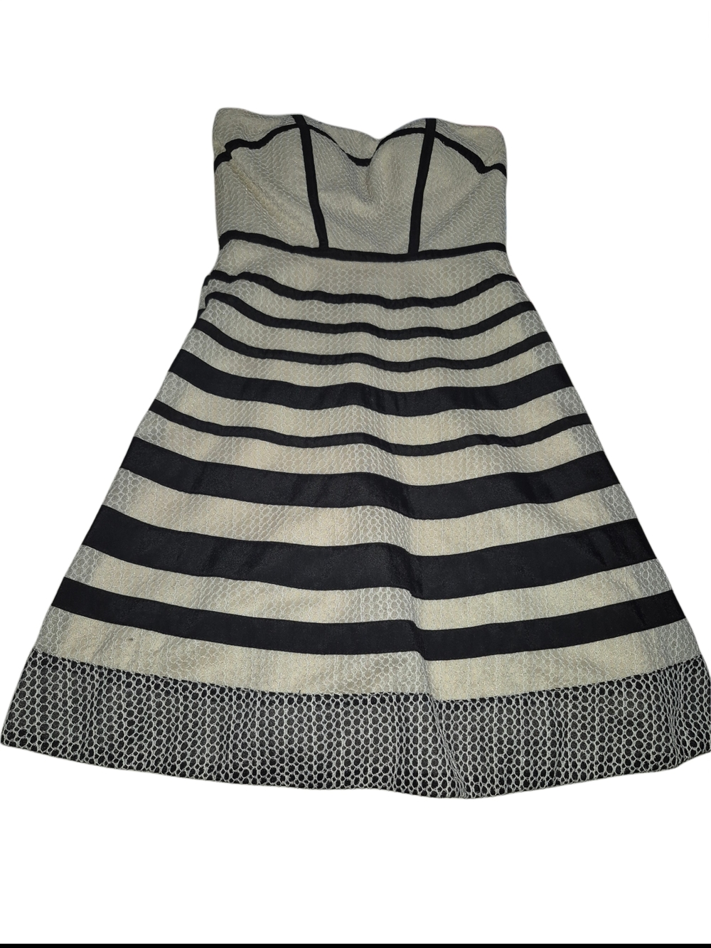Strapless Black & Cream Striped Mesh And Sequins Overlay A-Line Cocktail Dress S